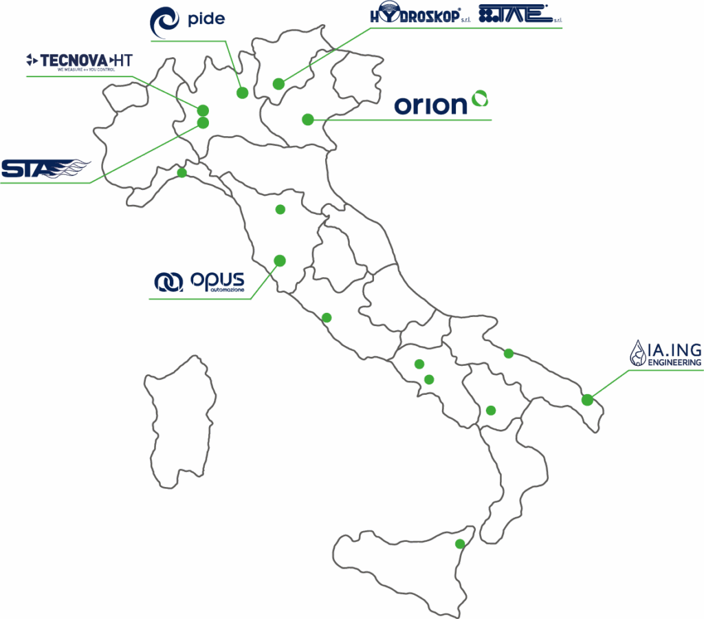 Cartina Italia con sedi delle aziende che fanno parte del Gruppo Orion